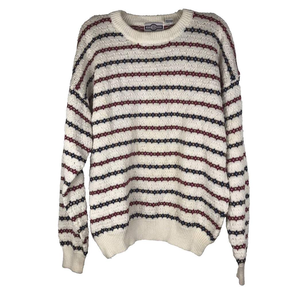 Gulf Traders Sweater Crew Geometric Stripe White Red Blue Tan Knit Mens Large